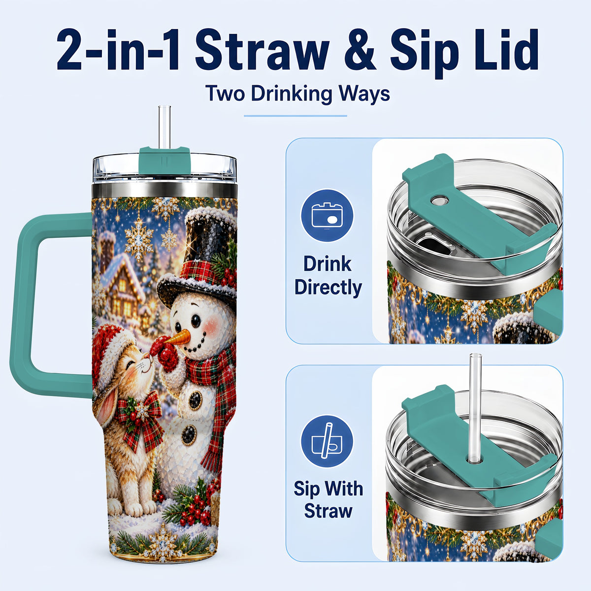 #pl[40oz|Green] Snowman Bunny 40oz Tumbler, Christmas Stainless Steel Travel Cup