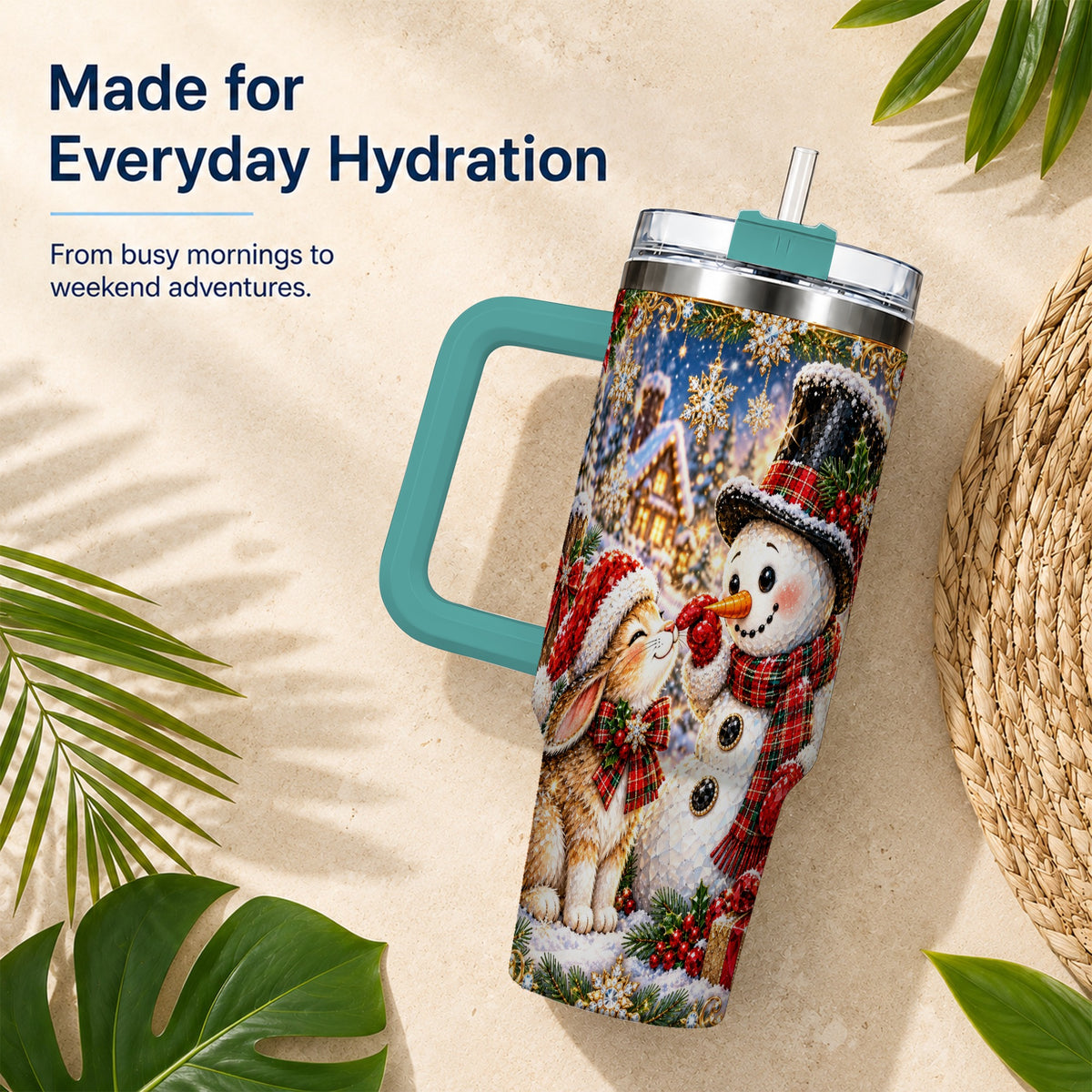 #pl[40oz|Green] Snowman Bunny 40oz Tumbler, Christmas Stainless Steel Travel Cup