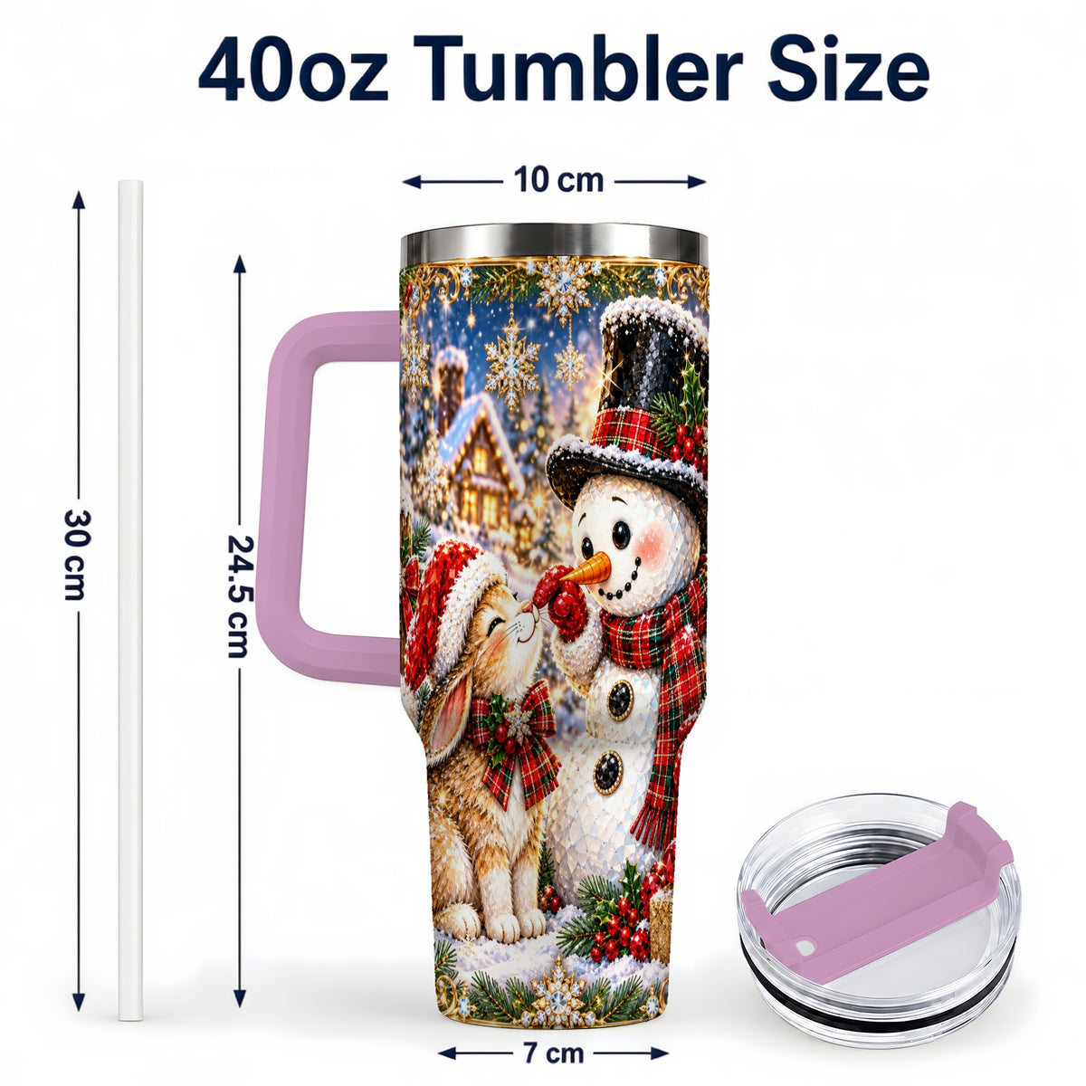 #pl[40oz|Pink] Snowman Bunny 40oz Tumbler, Christmas Stainless Steel Travel Cup