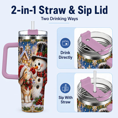 #pl[40oz|Pink] Snowman Bunny 40oz Tumbler, Christmas Stainless Steel Travel Cup