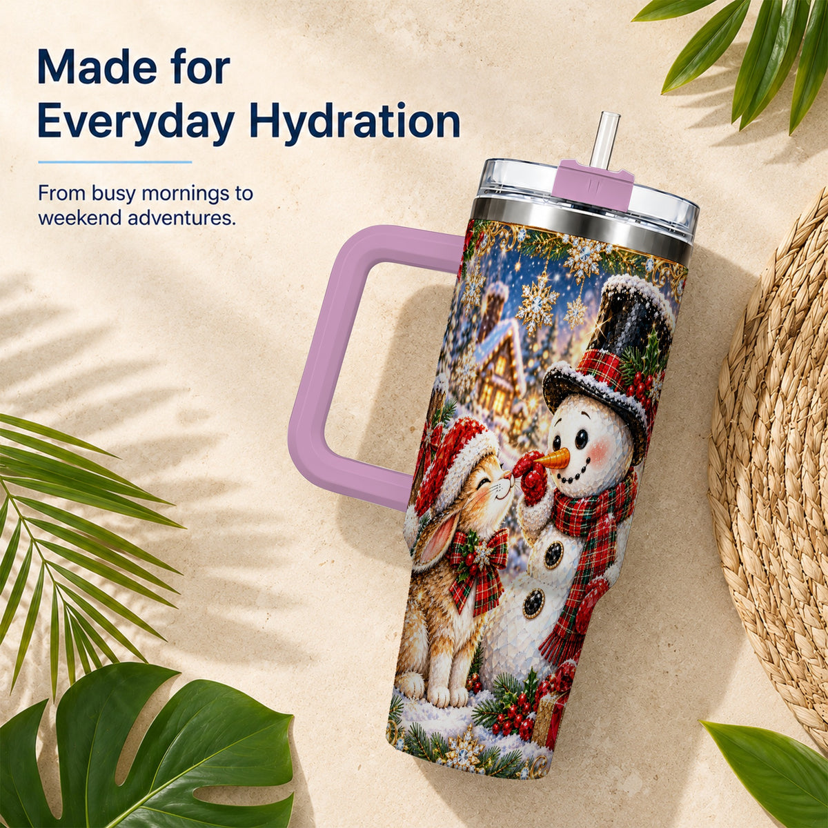 #pl[40oz|Pink] Snowman Bunny 40oz Tumbler, Christmas Stainless Steel Travel Cup