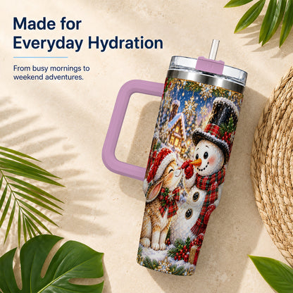#pl[40oz|Pink] Snowman Bunny 40oz Tumbler, Christmas Stainless Steel Travel Cup