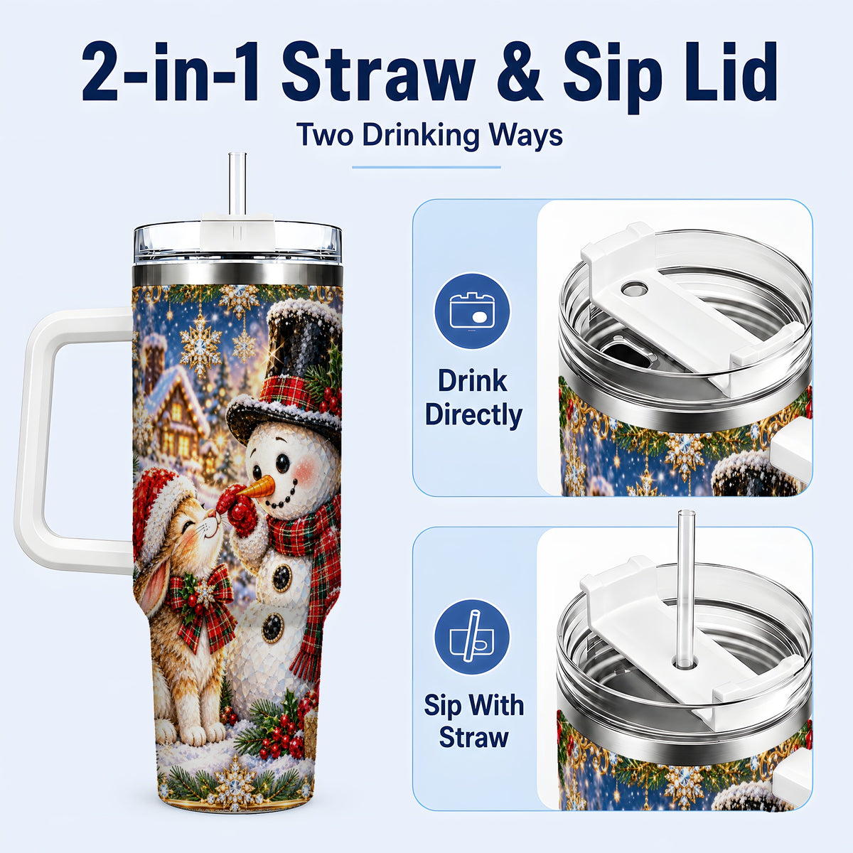 #pl[40oz|White] Snowman Bunny 40oz Tumbler, Christmas Stainless Steel Travel Cup