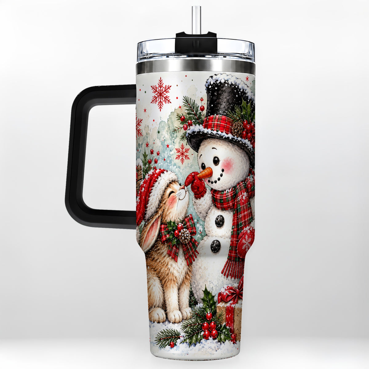 #pl[40oz|Black] Snowman Bunny 40oz Tumbler, Watercolor Winter Stainless Steel Travel Cup