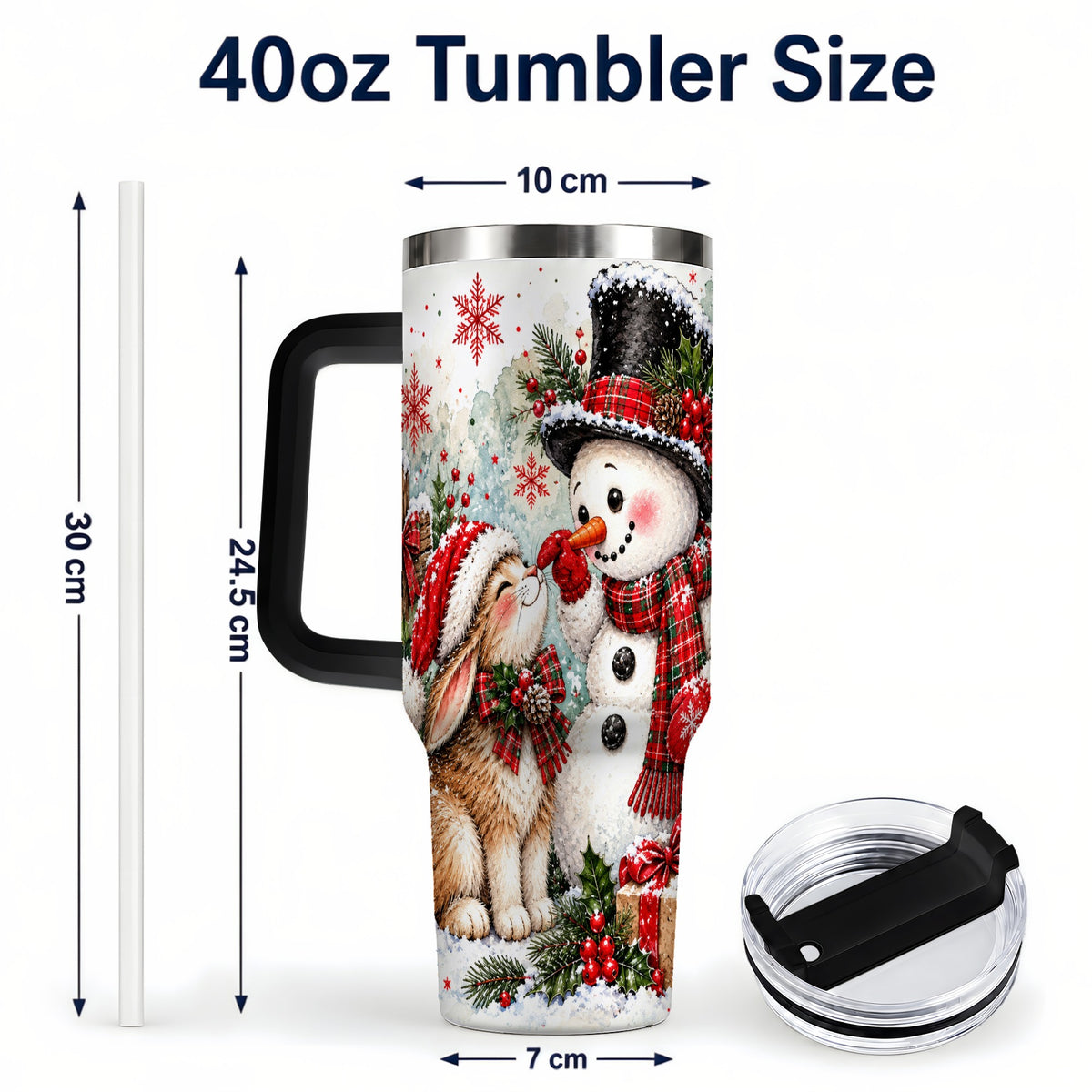 #pl[40oz|Black] Snowman Bunny 40oz Tumbler, Watercolor Winter Stainless Steel Travel Cup