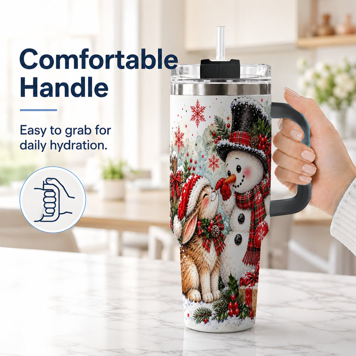 #pl[40oz|Black] Snowman Bunny 40oz Tumbler, Watercolor Winter Stainless Steel Travel Cup