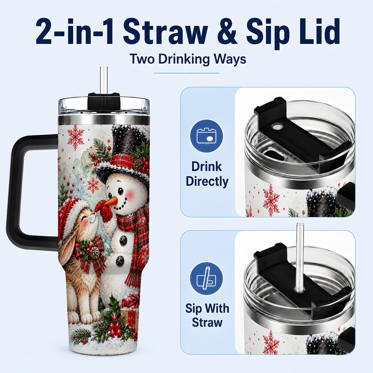 #pl[40oz|Black] Snowman Bunny 40oz Tumbler, Watercolor Winter Stainless Steel Travel Cup