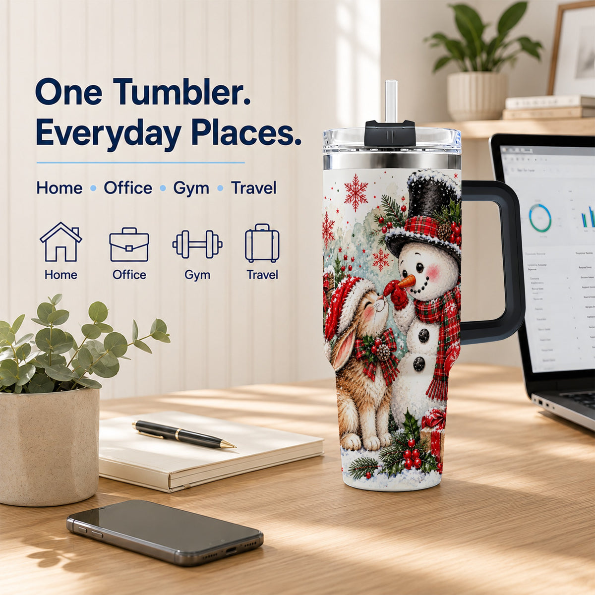 #pl[40oz|Black] Snowman Bunny 40oz Tumbler, Watercolor Winter Stainless Steel Travel Cup
