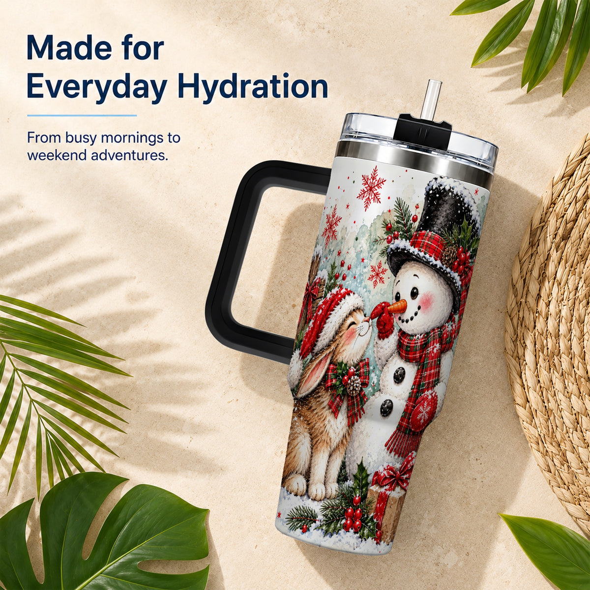 #pl[40oz|Black] Snowman Bunny 40oz Tumbler, Watercolor Winter Stainless Steel Travel Cup