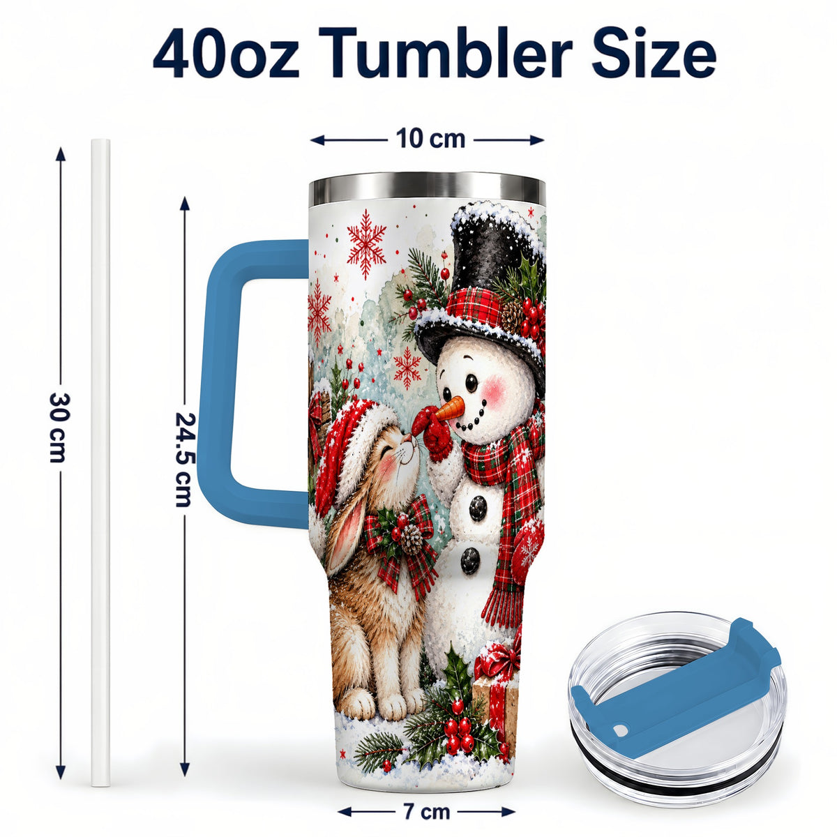 #pl[40oz|Blue] Snowman Bunny 40oz Tumbler, Watercolor Winter Stainless Steel Travel Cup