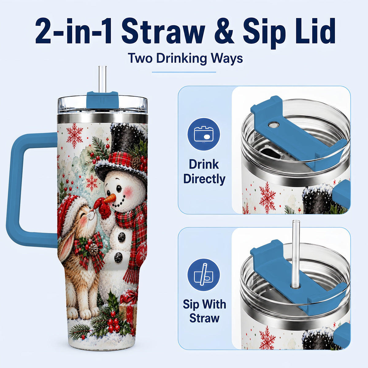 #pl[40oz|Blue] Snowman Bunny 40oz Tumbler, Watercolor Winter Stainless Steel Travel Cup