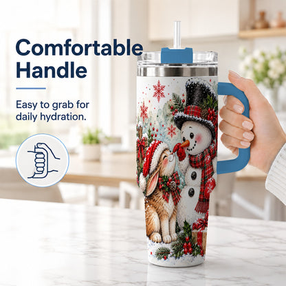 #pl[40oz|Blue] Snowman Bunny 40oz Tumbler, Watercolor Winter Stainless Steel Travel Cup