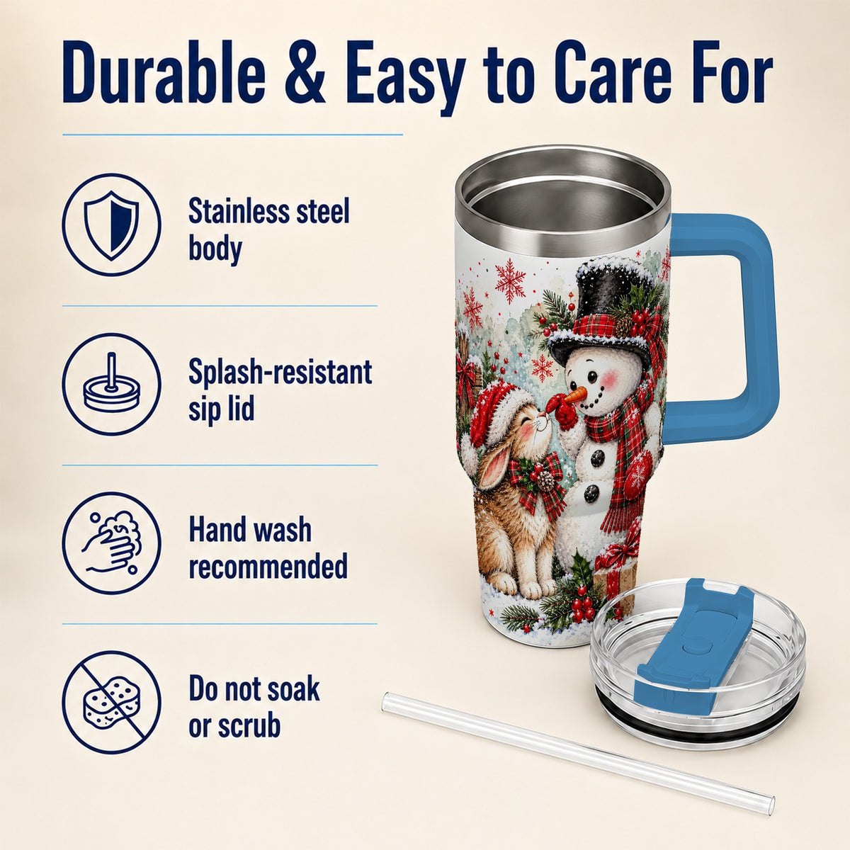 #pl[40oz|Blue] Snowman Bunny 40oz Tumbler, Watercolor Winter Stainless Steel Travel Cup