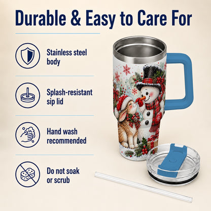 #pl[40oz|Blue] Snowman Bunny 40oz Tumbler, Watercolor Winter Stainless Steel Travel Cup