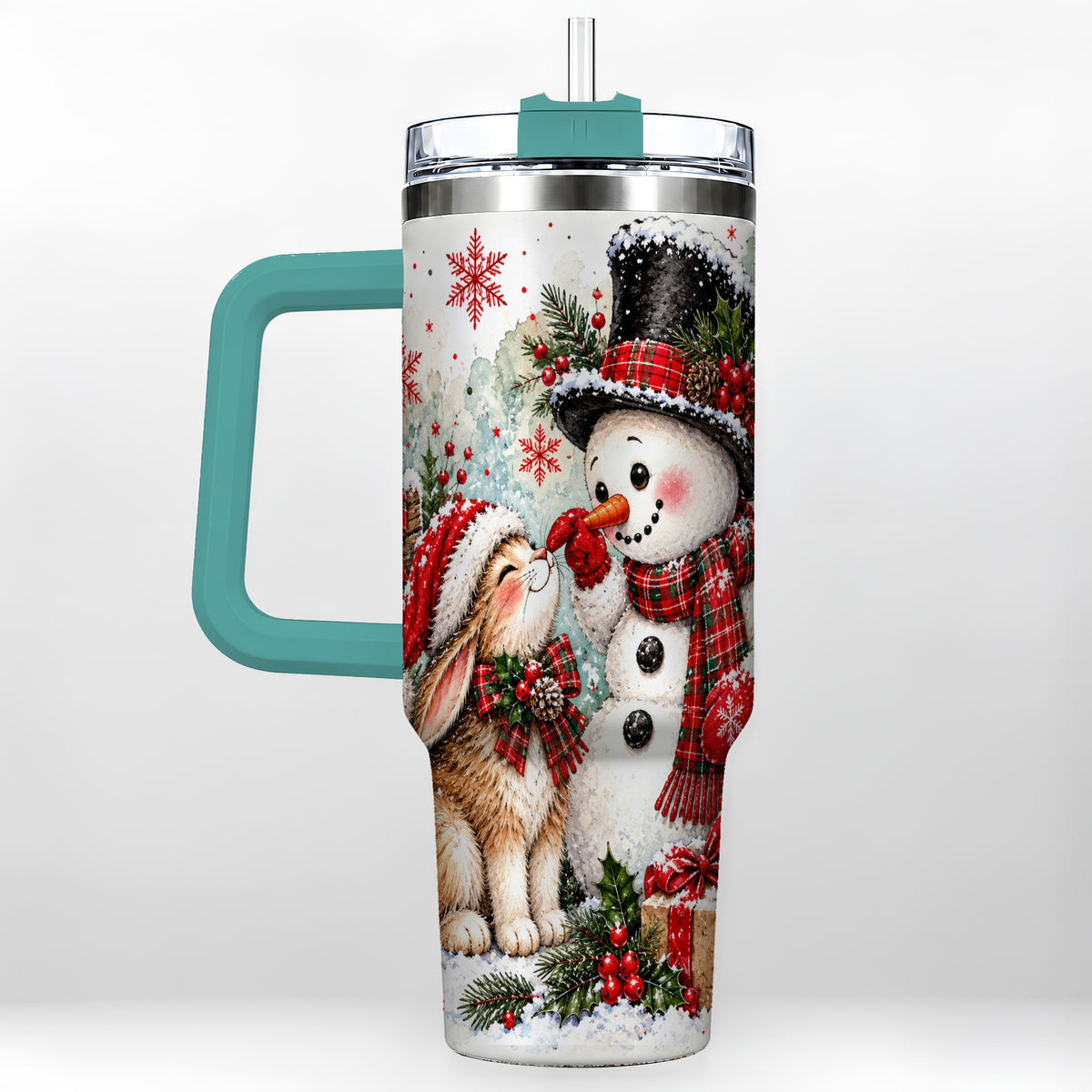 #pl[40oz|Green] Snowman Bunny 40oz Tumbler, Watercolor Winter Stainless Steel Travel Cup