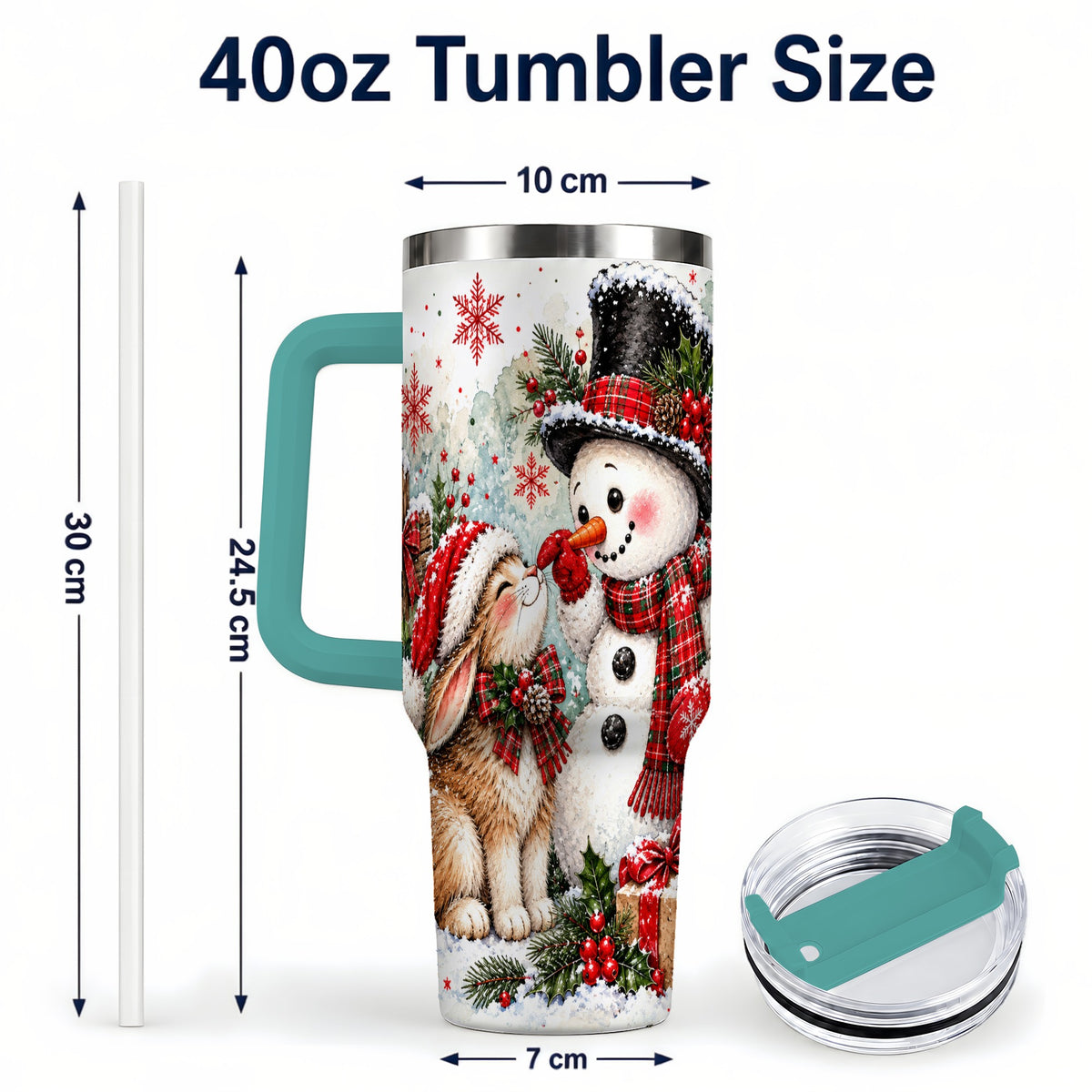 #pl[40oz|Green] Snowman Bunny 40oz Tumbler, Watercolor Winter Stainless Steel Travel Cup