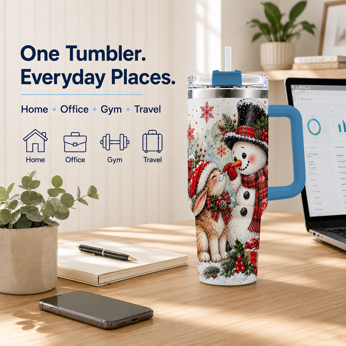 #pl[40oz|Blue] Snowman Bunny 40oz Tumbler, Watercolor Winter Stainless Steel Travel Cup