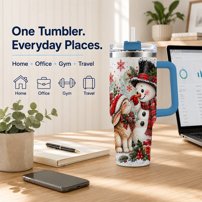#pl[40oz|Blue] Snowman Bunny 40oz Tumbler, Watercolor Winter Stainless Steel Travel Cup