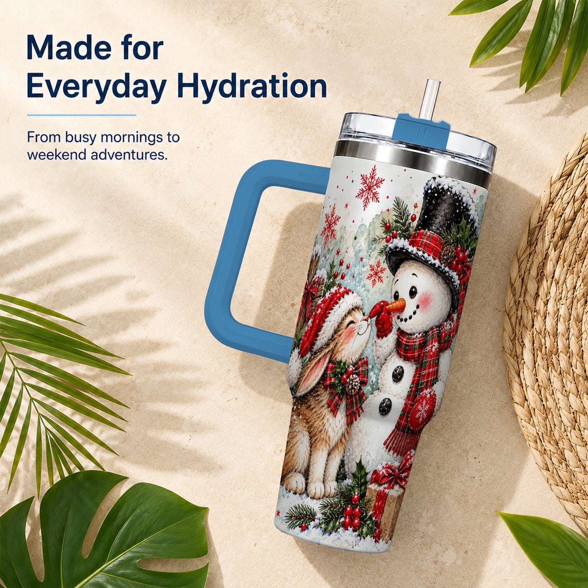 #pl[40oz|Blue] Snowman Bunny 40oz Tumbler, Watercolor Winter Stainless Steel Travel Cup