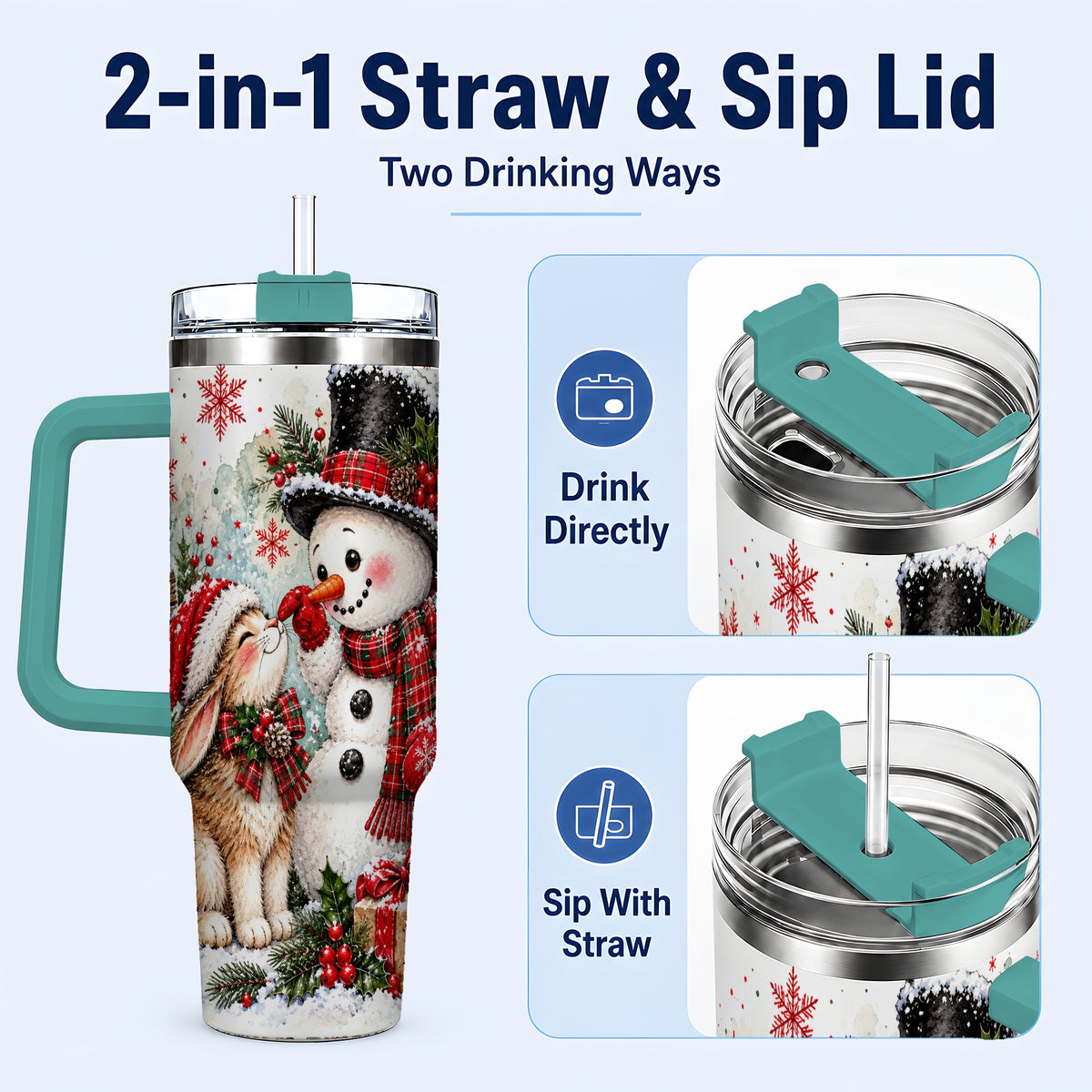 #pl[40oz|Green] Snowman Bunny 40oz Tumbler, Watercolor Winter Stainless Steel Travel Cup