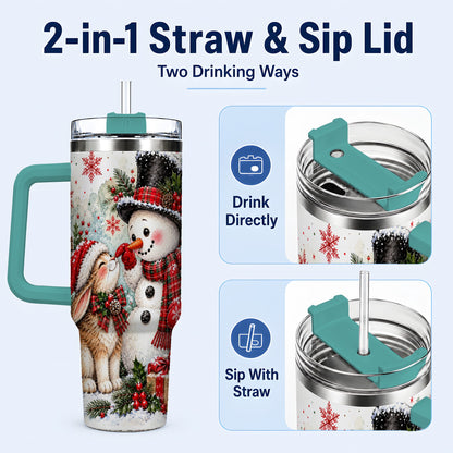 #pl[40oz|Green] Snowman Bunny 40oz Tumbler, Watercolor Winter Stainless Steel Travel Cup