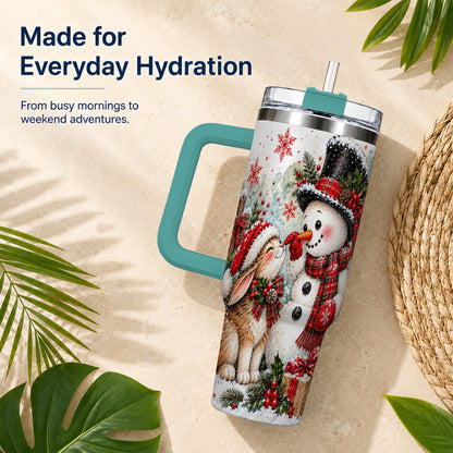 #pl[40oz|Green] Snowman Bunny 40oz Tumbler, Watercolor Winter Stainless Steel Travel Cup