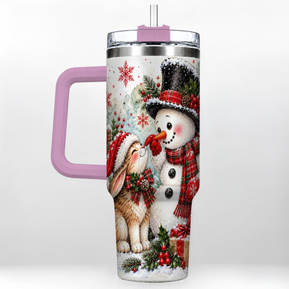 #pl[40oz|Pink] Snowman Bunny 40oz Tumbler, Watercolor Winter Stainless Steel Travel Cup