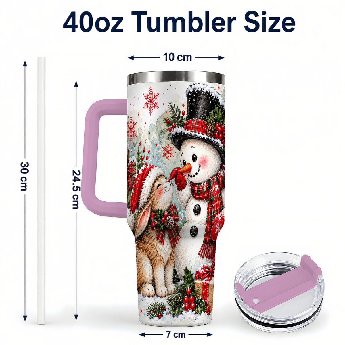 #pl[40oz|Pink] Snowman Bunny 40oz Tumbler, Watercolor Winter Stainless Steel Travel Cup