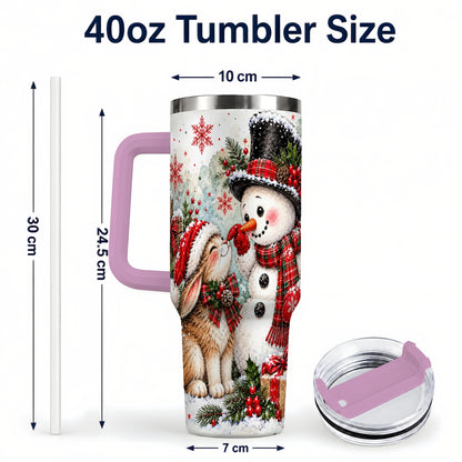 #pl[40oz|Pink] Snowman Bunny 40oz Tumbler, Watercolor Winter Stainless Steel Travel Cup