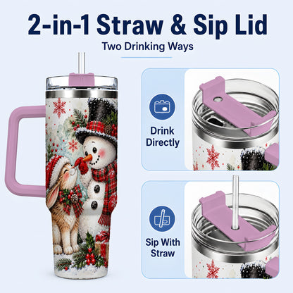 #pl[40oz|Pink] Snowman Bunny 40oz Tumbler, Watercolor Winter Stainless Steel Travel Cup