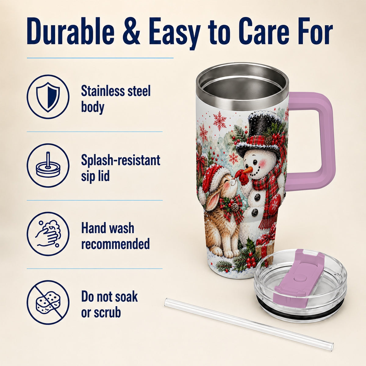 #pl[40oz|Pink] Snowman Bunny 40oz Tumbler, Watercolor Winter Stainless Steel Travel Cup