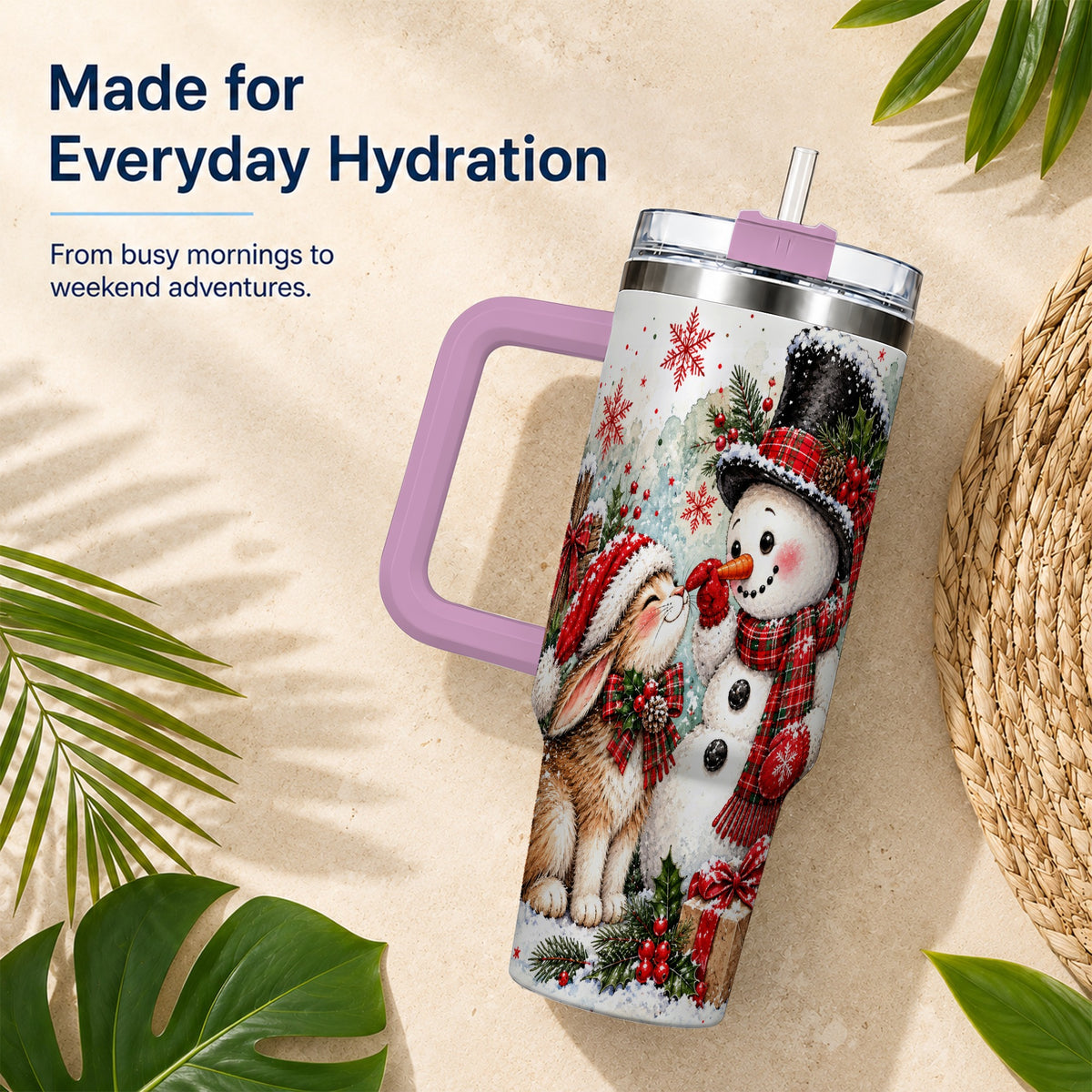 #pl[40oz|Pink] Snowman Bunny 40oz Tumbler, Watercolor Winter Stainless Steel Travel Cup