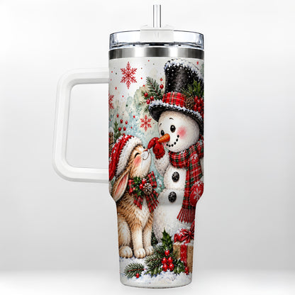 Snowman Bunny 40oz Tumbler, Watercolor Winter Stainless Steel Travel Cup