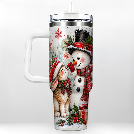 Snowman Bunny 40oz Tumbler, Watercolor Winter Stainless Steel Travel Cup