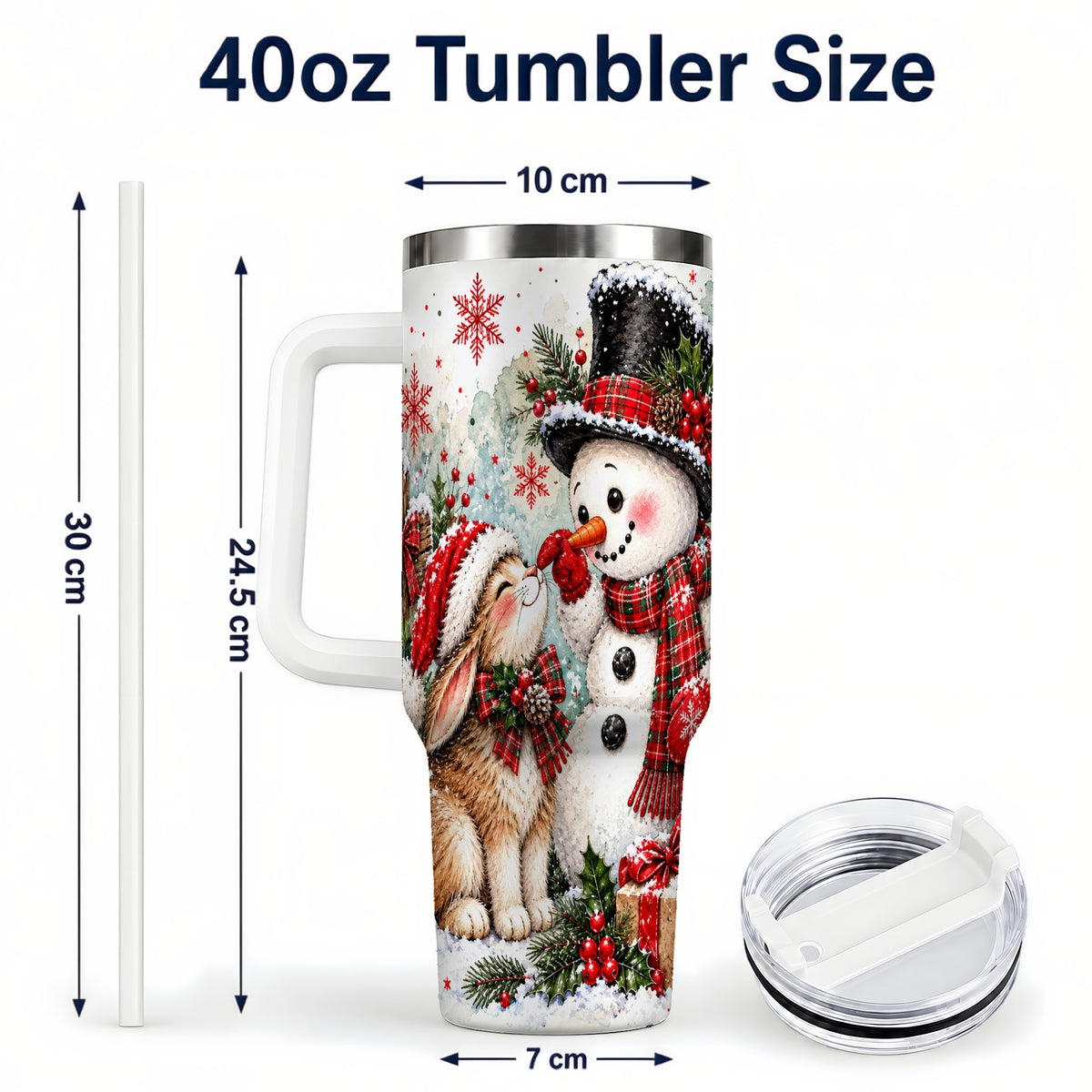 #pl[40oz|White] Snowman Bunny 40oz Tumbler, Watercolor Winter Stainless Steel Travel Cup
