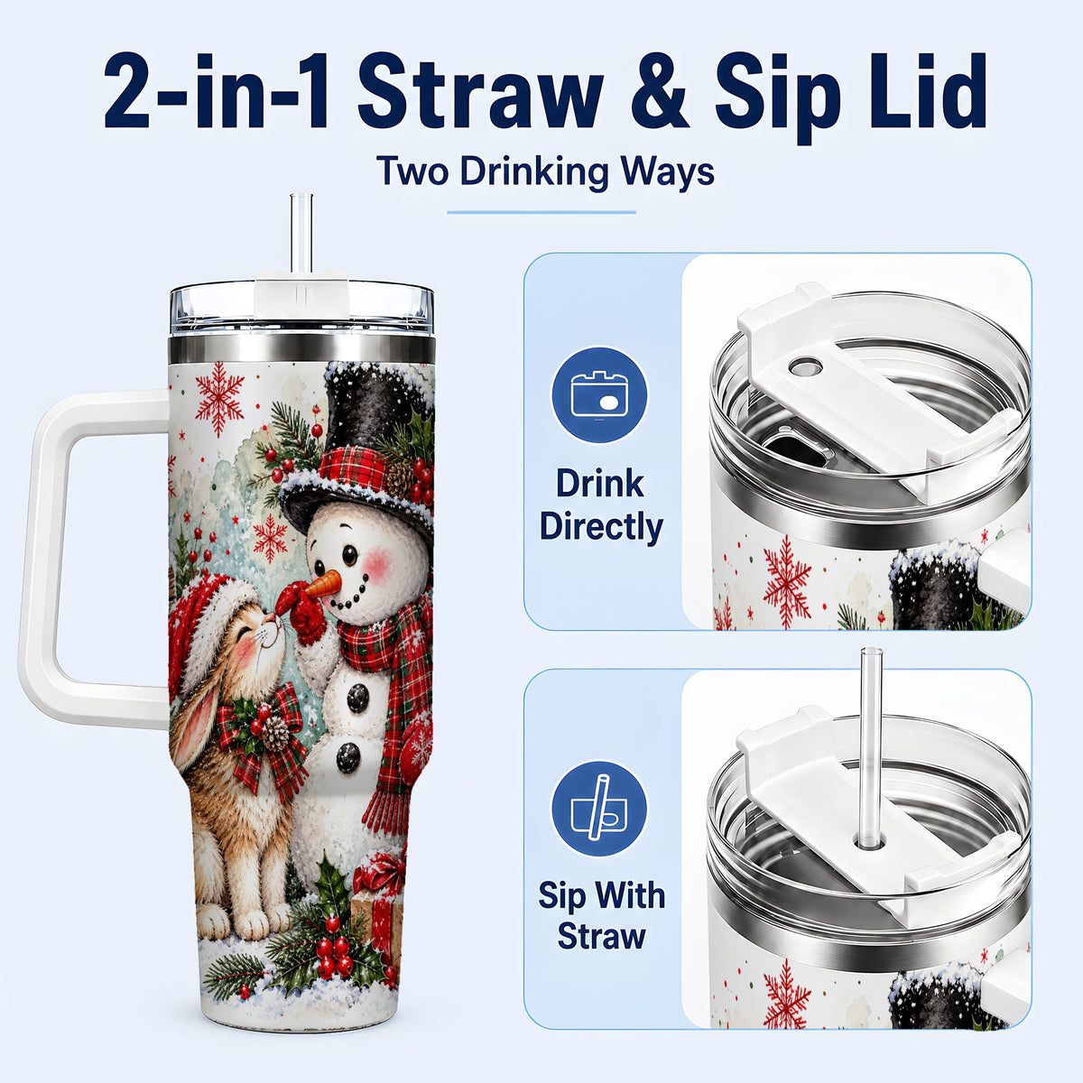 #pl[40oz|White] Snowman Bunny 40oz Tumbler, Watercolor Winter Stainless Steel Travel Cup