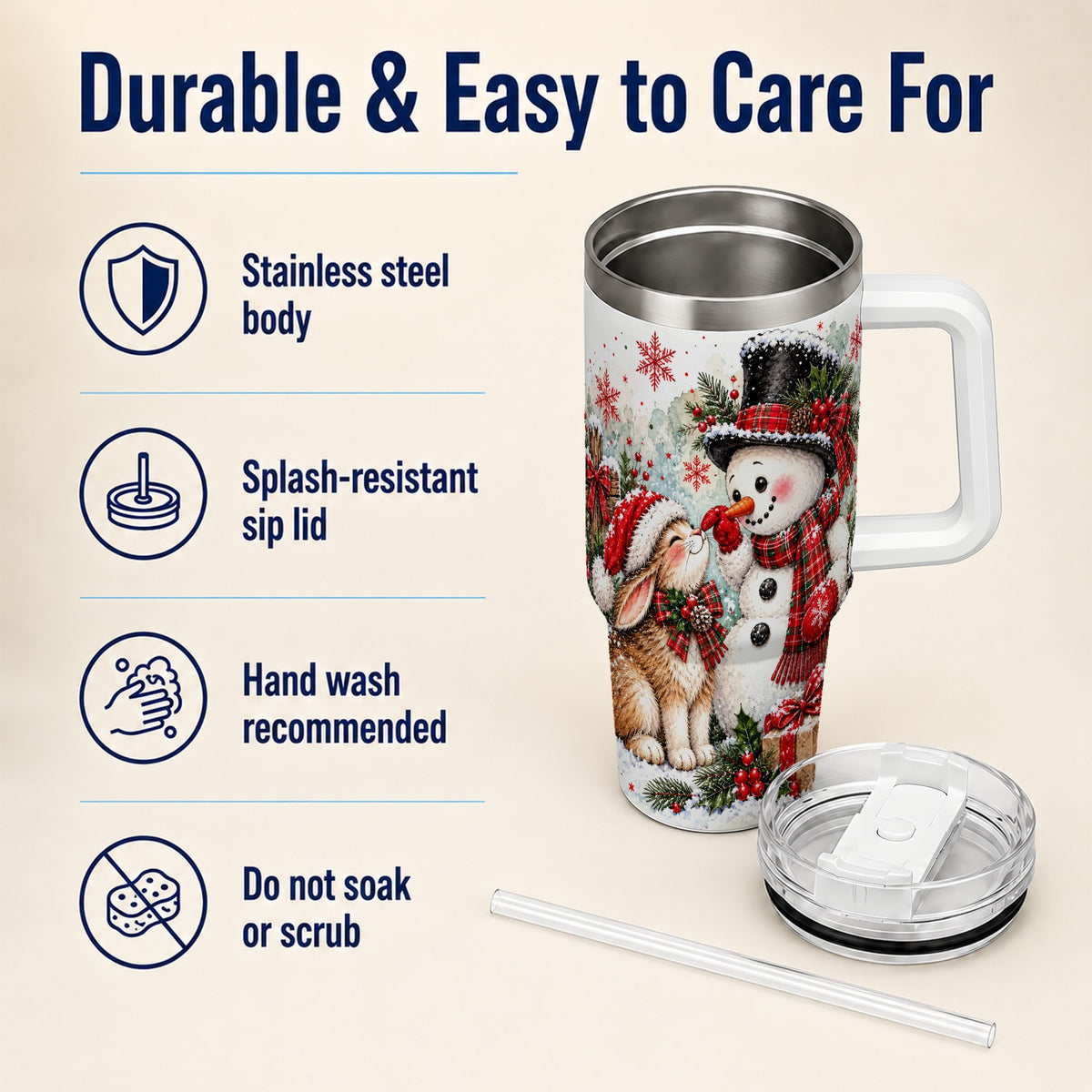 #pl[40oz|White] Snowman Bunny 40oz Tumbler, Watercolor Winter Stainless Steel Travel Cup
