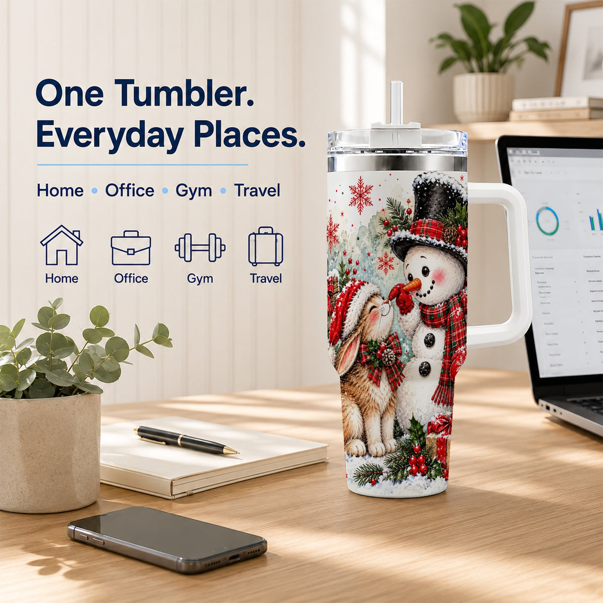 #pl[40oz|White] Snowman Bunny 40oz Tumbler, Watercolor Winter Stainless Steel Travel Cup