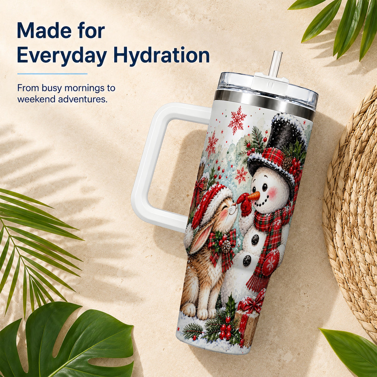 #pl[40oz|White] Snowman Bunny 40oz Tumbler, Watercolor Winter Stainless Steel Travel Cup