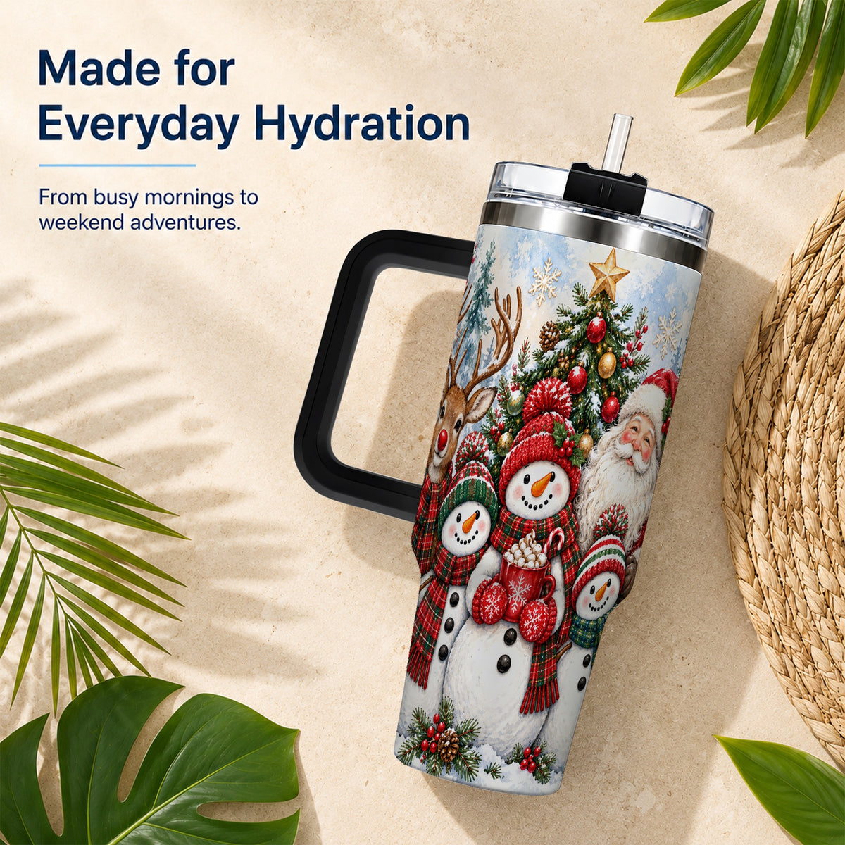 #pl[40oz|Black] Santa Snowman 40oz Tumbler, Christmas Friends Stainless Steel Travel Cup