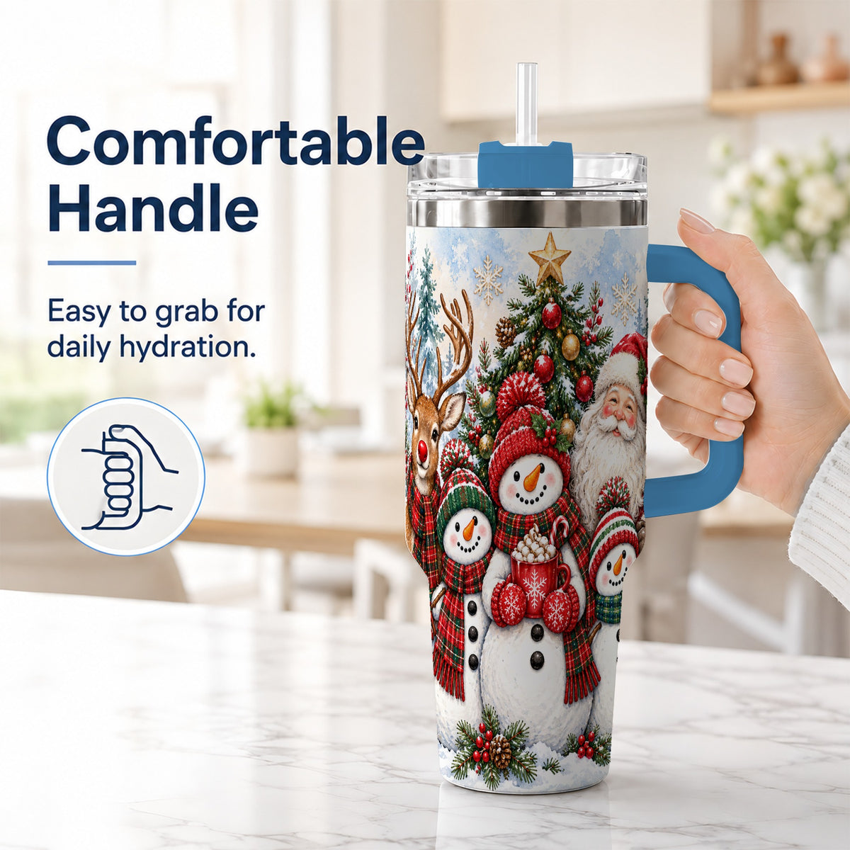 #pl[40oz|Blue] Santa Snowman 40oz Tumbler, Christmas Friends Stainless Steel Travel Cup