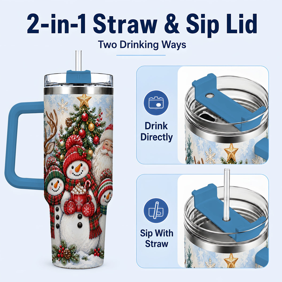 #pl[40oz|Blue] Santa Snowman 40oz Tumbler, Christmas Friends Stainless Steel Travel Cup