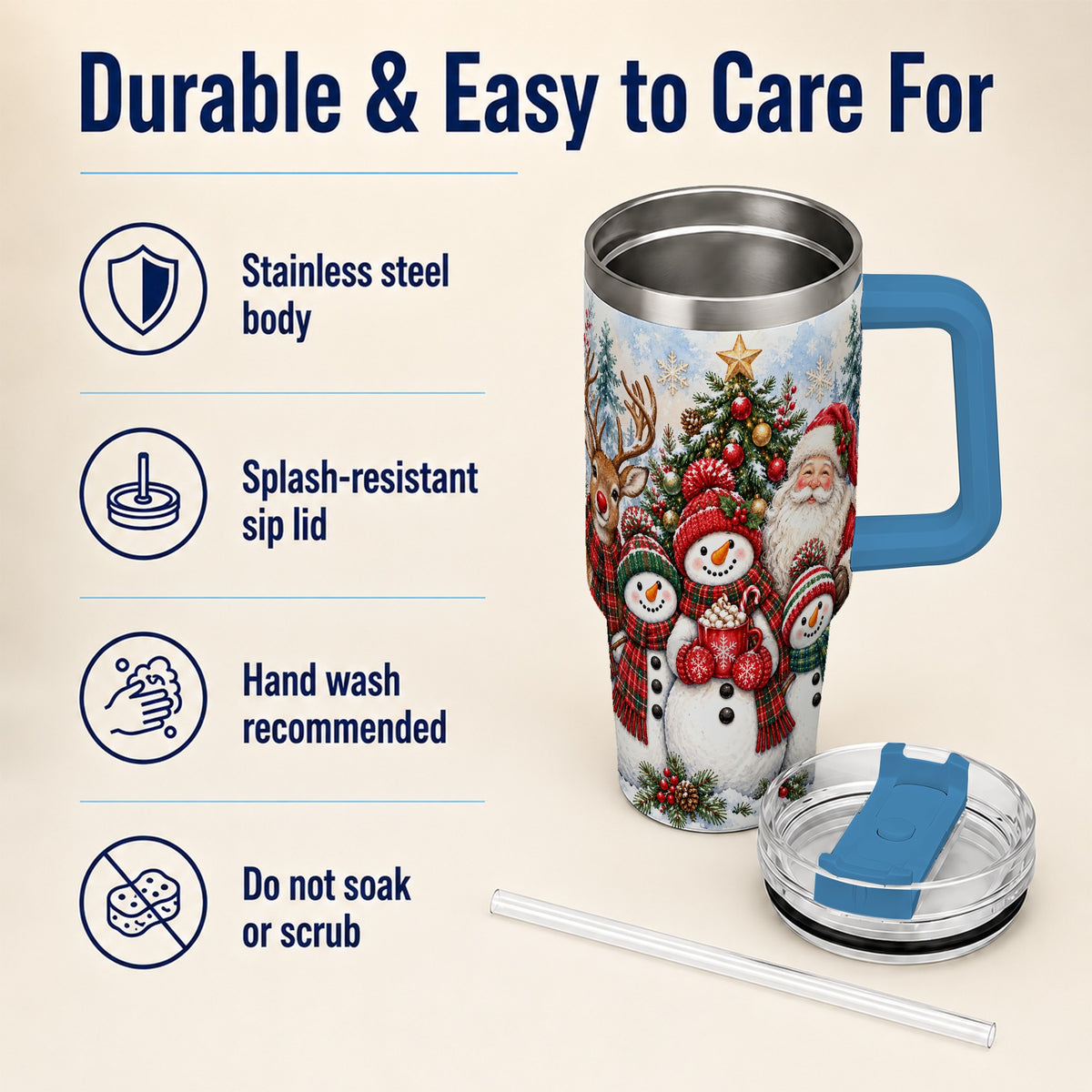 #pl[40oz|Blue] Santa Snowman 40oz Tumbler, Christmas Friends Stainless Steel Travel Cup
