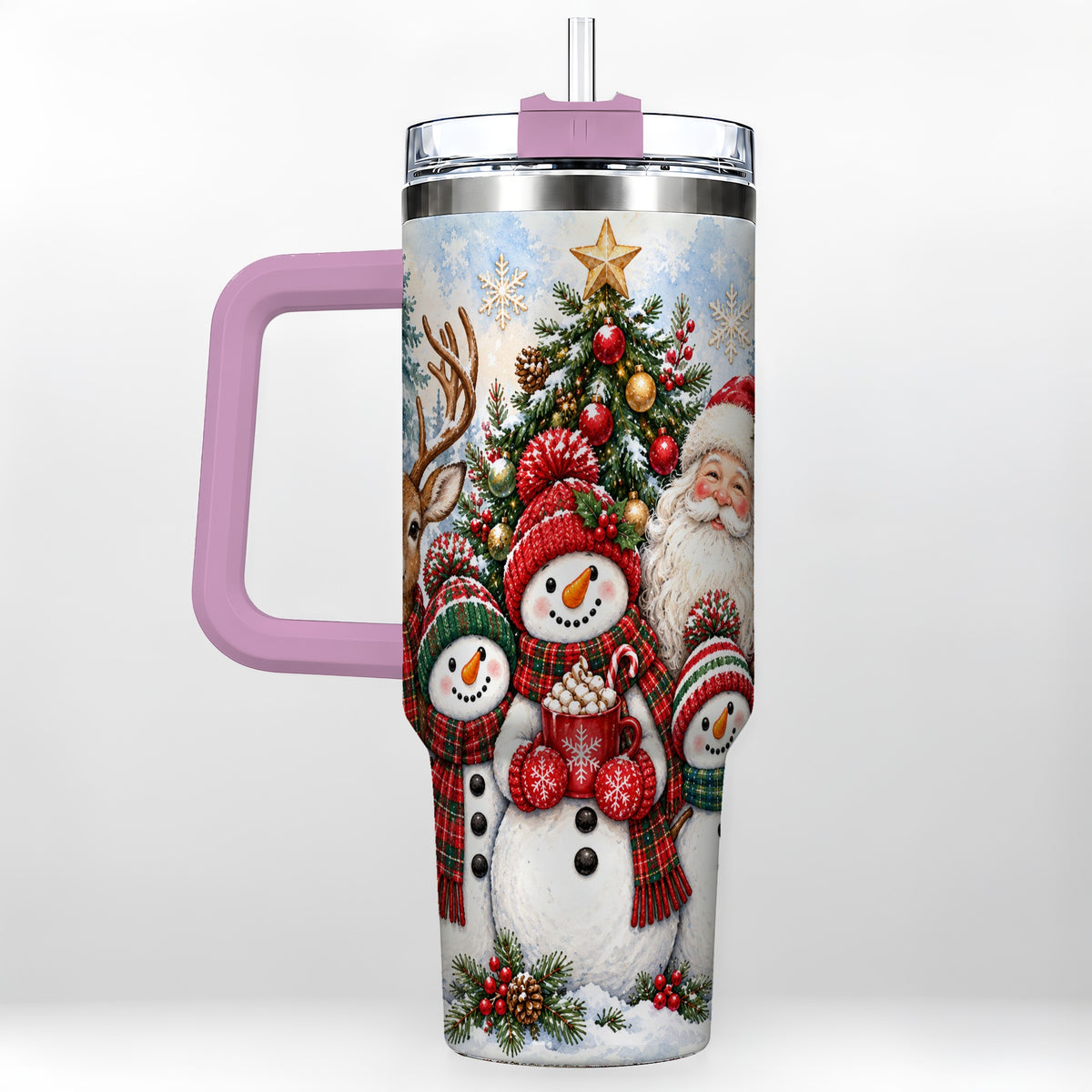 #pl[40oz|Pink] Santa Snowman 40oz Tumbler, Christmas Friends Stainless Steel Travel Cup