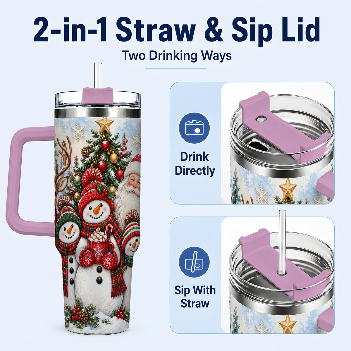 #pl[40oz|Pink] Santa Snowman 40oz Tumbler, Christmas Friends Stainless Steel Travel Cup