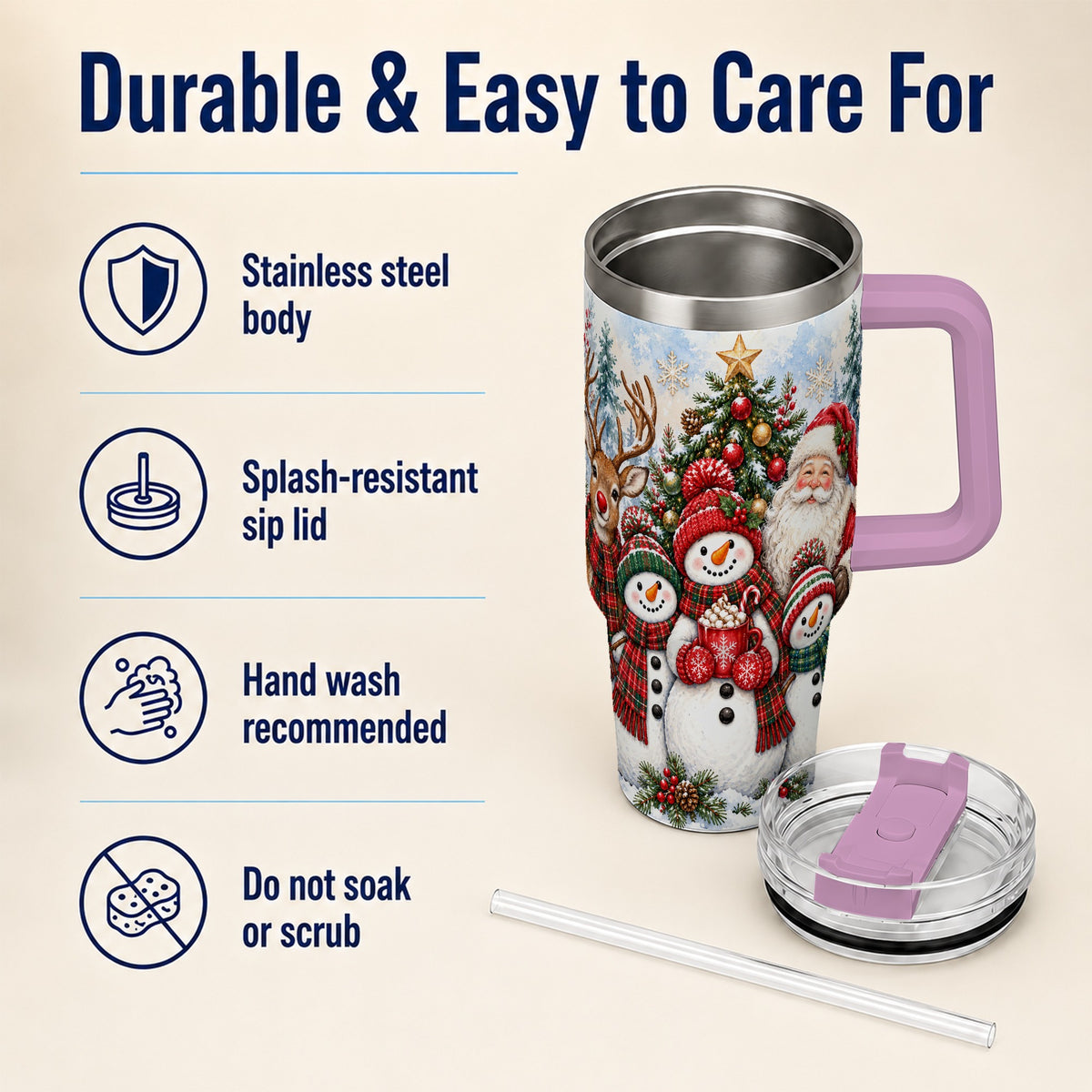 #pl[40oz|Pink] Santa Snowman 40oz Tumbler, Christmas Friends Stainless Steel Travel Cup