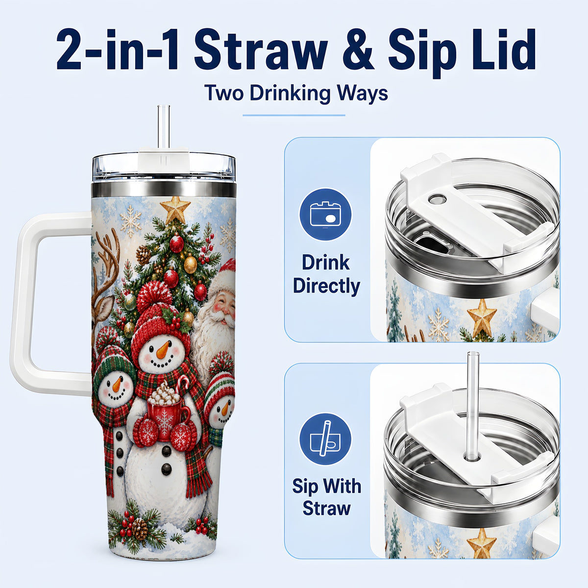 #pl[40oz|White] Santa Snowman 40oz Tumbler, Christmas Friends Stainless Steel Travel Cup