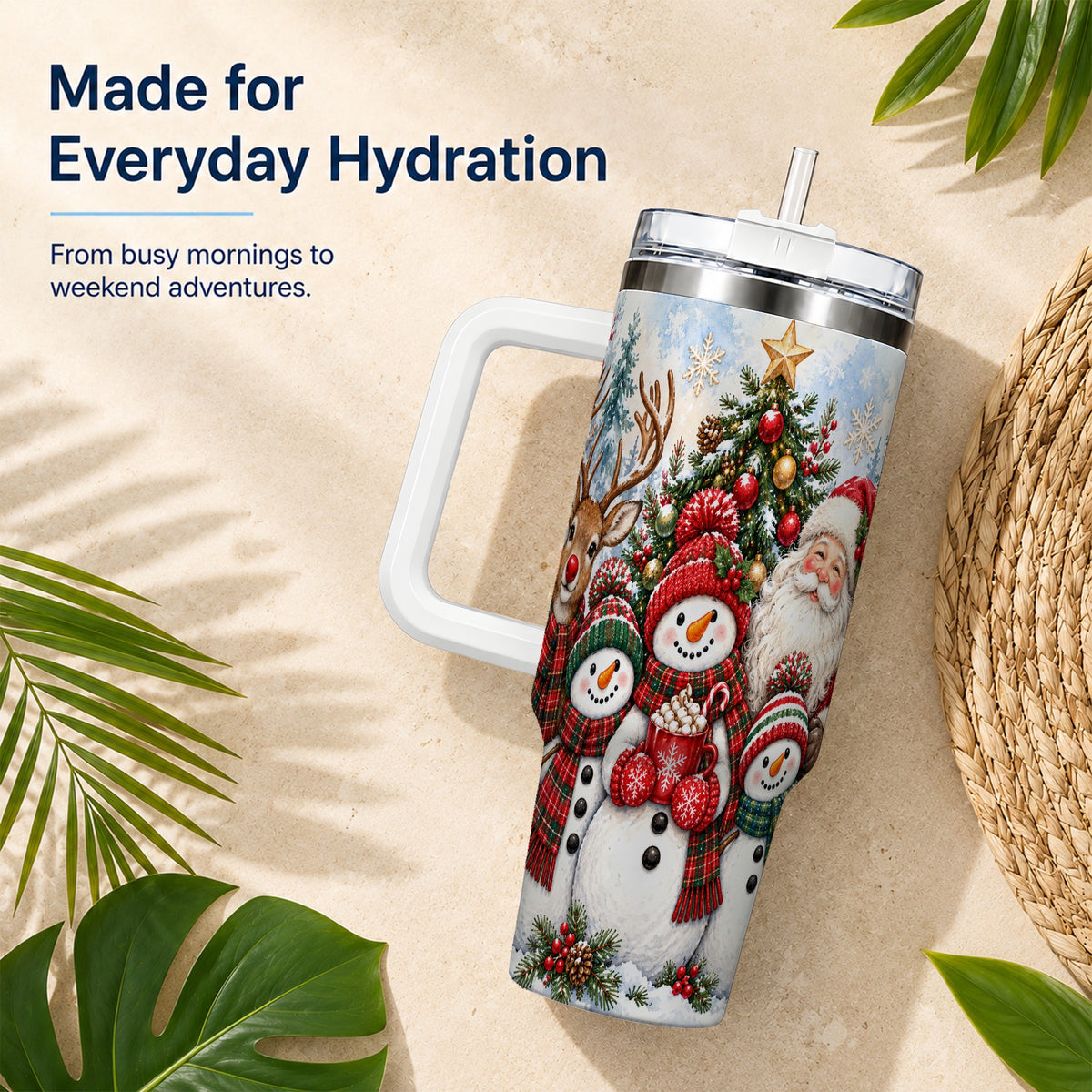 #pl[40oz|White] Santa Snowman 40oz Tumbler, Christmas Friends Stainless Steel Travel Cup