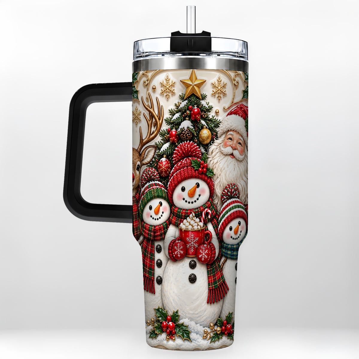 #pl[40oz|Black] Santa Snowman 40oz Tumbler with Handle, Christmas Travel Cup