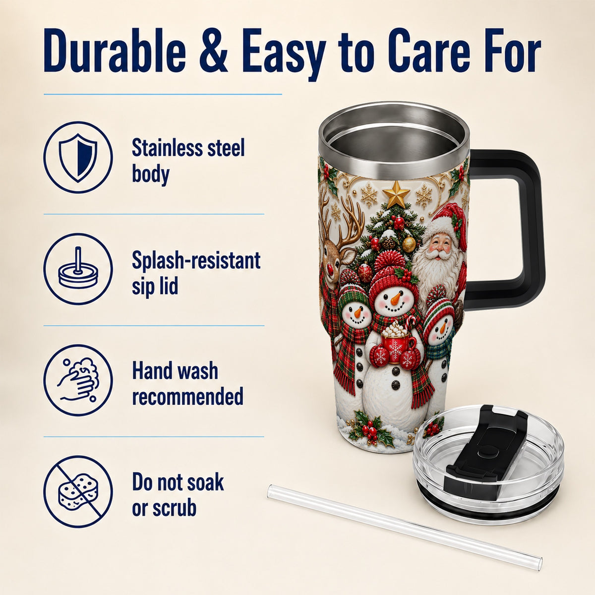 #pl[40oz|Black] Santa Snowman 40oz Tumbler with Handle, Christmas Travel Cup